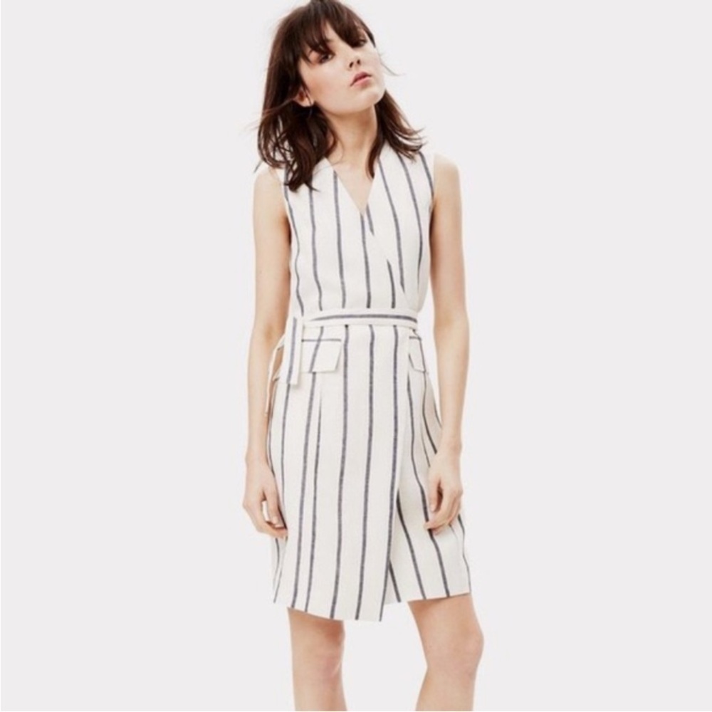 Theory Linen Livwilth Striped Wrap Mini Dress Creamy White Blue Size 8